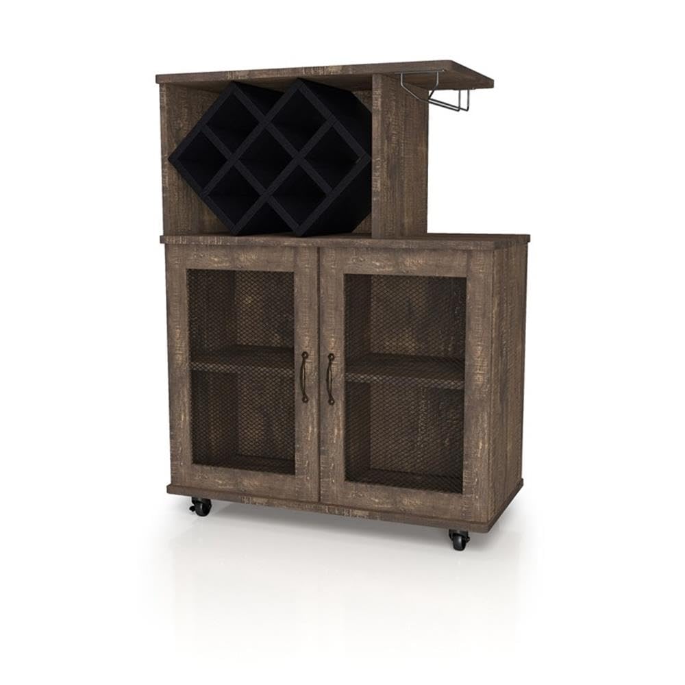 BOWERY HILL 4-Shelf Transitional Wood Mini Bar, Reclaimed Oak Finish, MDF and Particle Board, 15.7" W x 31.5" D x 41.3" H, Mobile Caster Wheels, Built-in Wine Bottle Slots, Glassware Rack, Adjustable