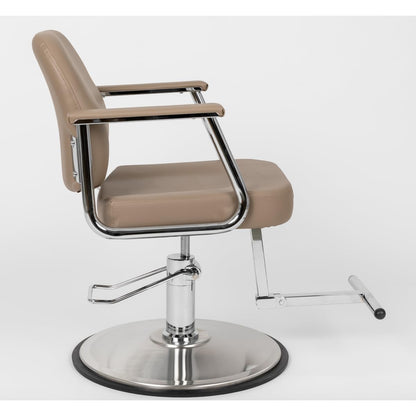 Minerva Beauty Zaria Wide Salon Styling Chair, Round Chrome 360° Swivel Hydraulic (Taupe)