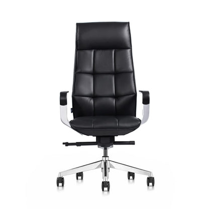 FURIJING Genuine Leather Aluminum Base High Back Executive Chair,Modern Ergonomic Real Leather Office Chair Boss Executive Chair with Synchro-Tilt Mechanism-Black.
