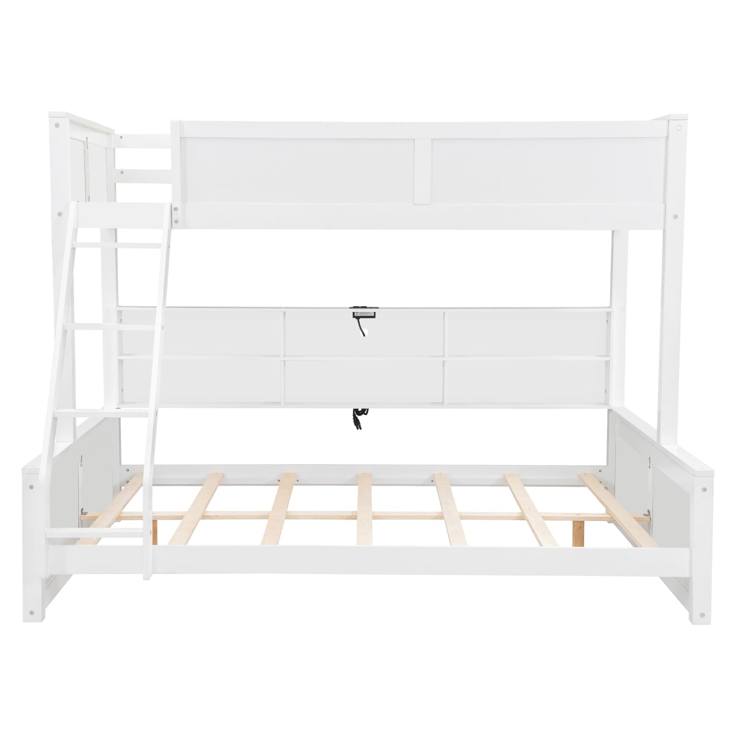 Bellemave Twin XL Over Queen Bunk Bed for Kids/Adults,Bunk Beds with Charging Station and Bookcase,Solid Wood Bunk Beds Twin XL Over Queen for Girls,Boys,Antique White
