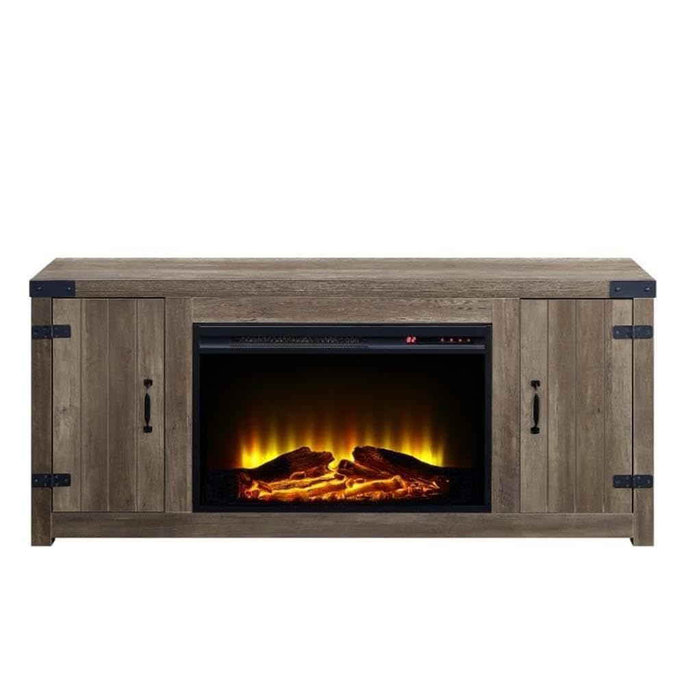 ACME Tobias Electric Fireplace Rustic Farmhouse TV Stand with Double Barn Door for TVs up to 60", Rustic Oak Finish