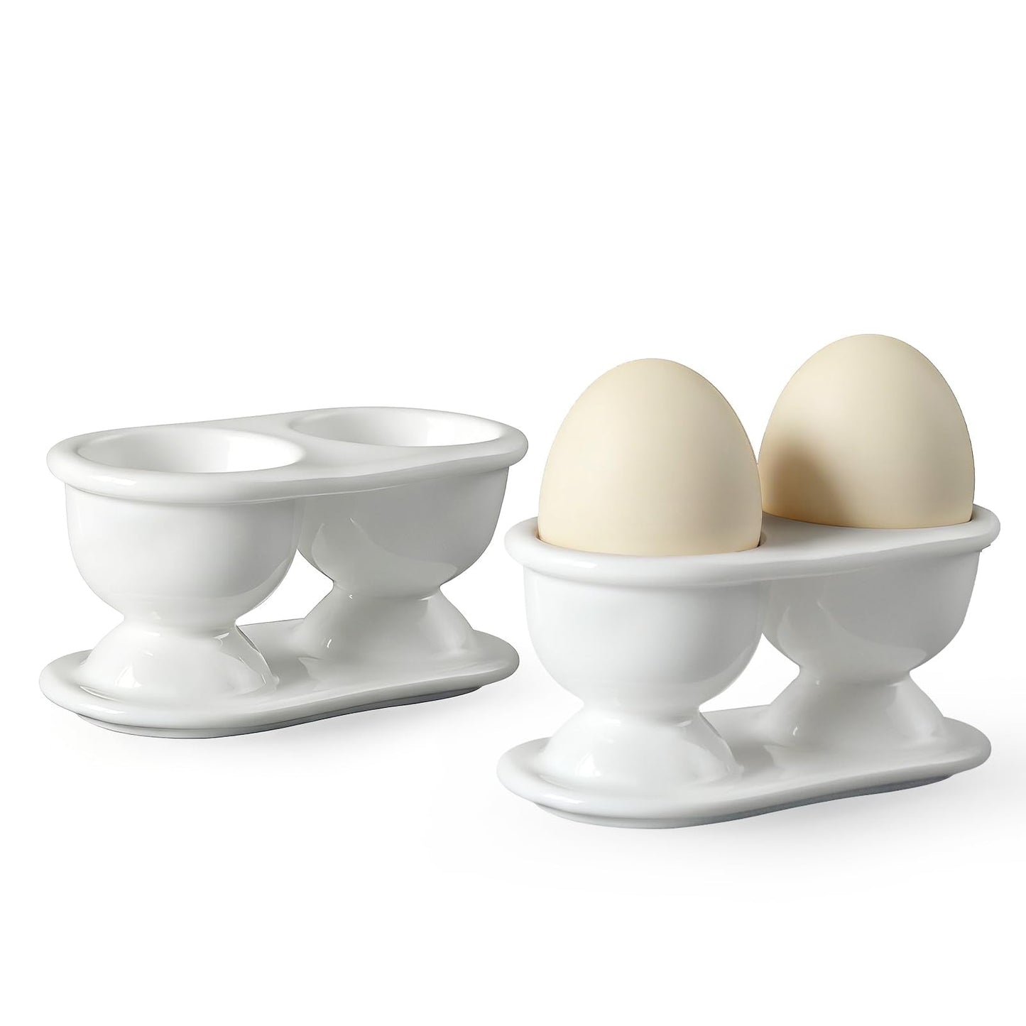 Cinf Ceramic Double Egg Cup 2PCS Porcelain Boiled Egg Holder for Breakfast Cooking Easy to Clean Childhood Memories Kitchen,White 2Pack