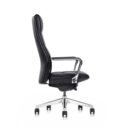 FURIJING Genuine Leather Aluminum Base High Back Executive Chair,Modern Ergonomic Real Leather Office Chair Boss Executive Chair with Synchro-Tilt Mechanism-Black.
