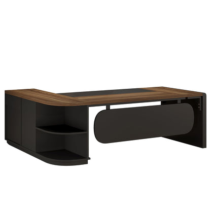 Tribesigns 80'' L-Shaped Desk, Large Executive Office Desk with 55'' Drawers Cabinet, Modern Commercial Office Table with Storage Shelves, Business Furniture for Home Office, Brown & Black