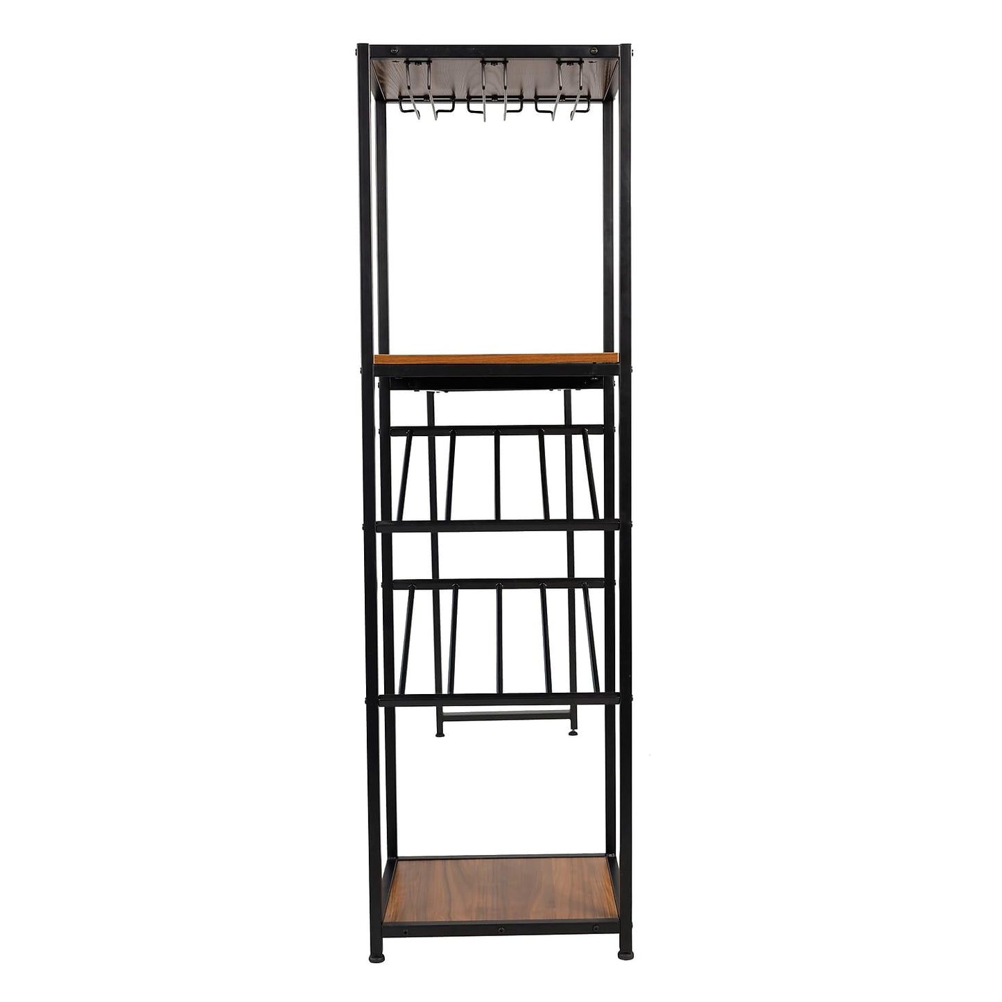 Flash Furniture Jura Metal Bar and Wine Table with Bottle and Stemware Storage, 2 Slanted Bottle Shelves, 3 Stemware Hangers, Waterproof Table Top, Black/Walnut