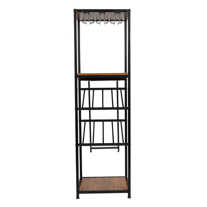 Flash Furniture Jura Metal Bar and Wine Table with Bottle and Stemware Storage, 2 Slanted Bottle Shelves, 3 Stemware Hangers, Waterproof Table Top, Black/Walnut