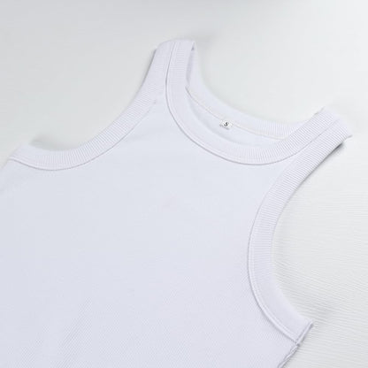 Artfish Women's Sleeveless Full Length Ribbed Fitted Racerback Workout Crew High Neck Basic Tank Top (White, L)