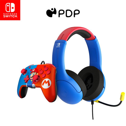 PDP Gaming Bundle Kit: AIRLITE Wired Headset with Mic + REMATCH Wired Pro Controller, Officially Licensed Nintendo Switch/Lite/OLED, Super Mario Dash (Red & Blue)