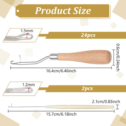INTERWARM 26 Pcs Latch Hook Tools, 24pcs 6.5Inch Wooden Handle Latch Hook Tool and 2pc 6.2Inch Ultra-Fine Crochet Hooks Crochet Needle Knitting Tool with Tongue Crochet for Rug Making and Art Crafts
