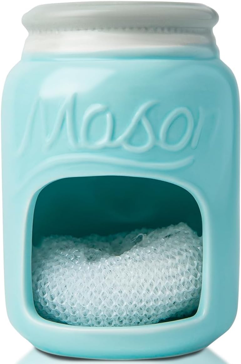 Comfify Ceramic Kitchen Sponge Holder, Farmhouse Style Sink Caddy, Aqua Blue, Includes Free Sponge