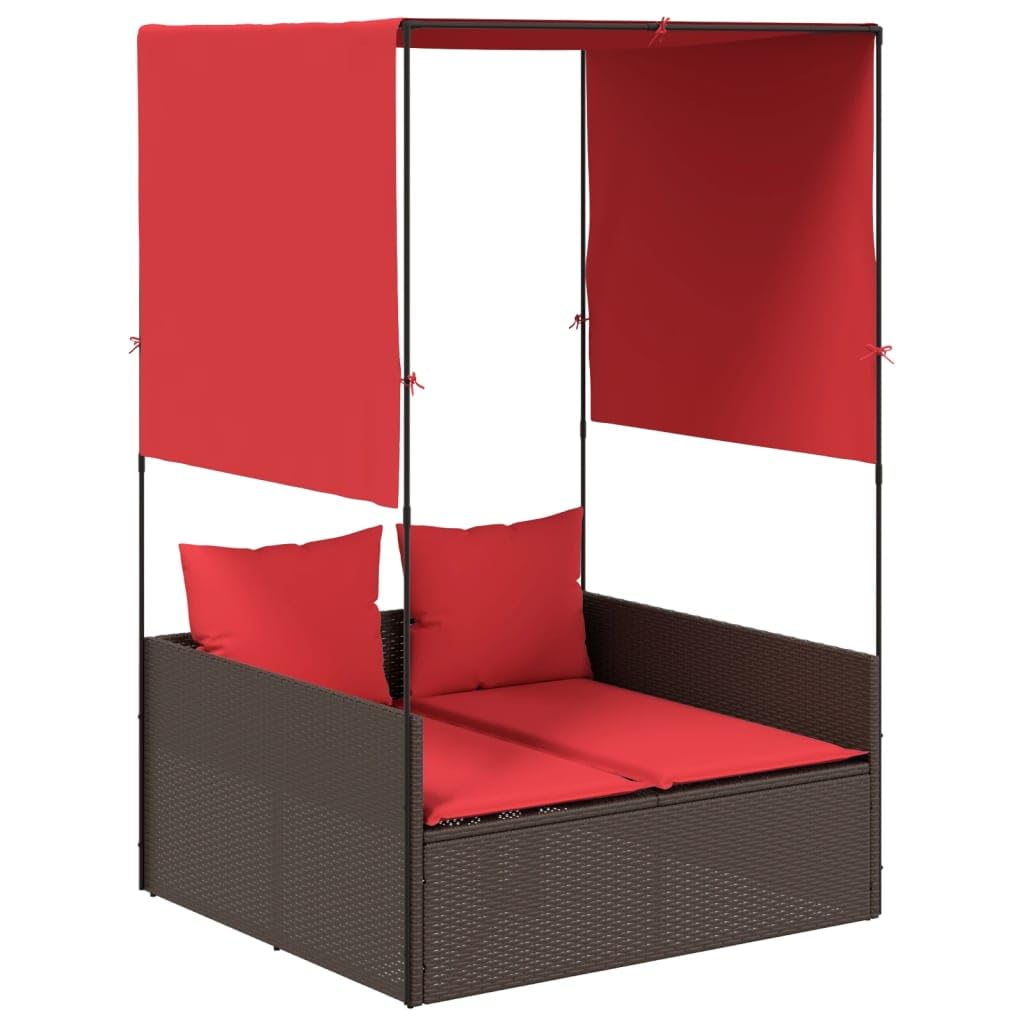 KNERPWD Double Sun Lounger with Cushions for Patio, Brown Red Outdoor Lounger for Two, Metal Frame and Synthetic Rattan Sunbed for Garden or Pool