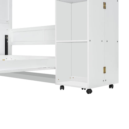 Ball & Cast Murphy Bed Queen Size,Wood Hidden Wall Bed with 2 Sides Push-Pull Foldable Storage Cabinets, Multifunctional Cabinet Bed Frame for Bedroom,Guest Room,Space Saving,White