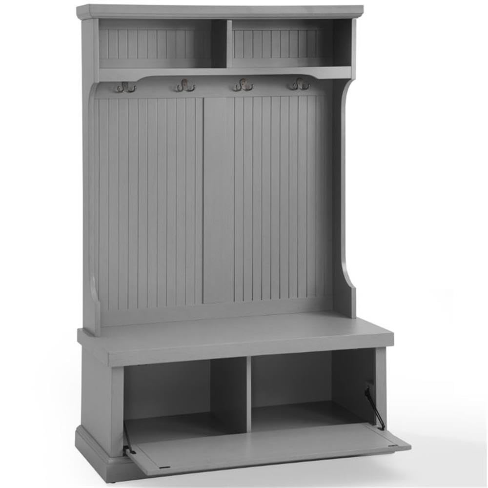 Pemberly Row Coastal Wood Hall Tree, Distressed Gray and Chrome Finish, 64.5" H x 40" W x 18.5" D, Entryway Bench with Coat Rack, Storage Cubbies, Beadboard Accents for Mudroom or Foyer