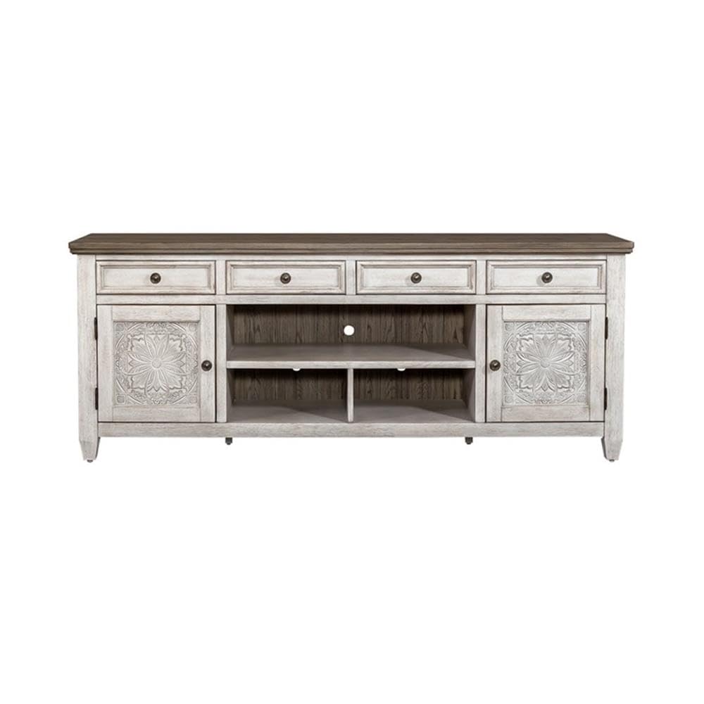 Liberty Furniture Heartland 76 Inch Tile TV Console for Living Room - Antique White with Tobacco Tops