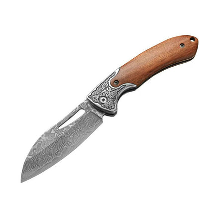 Elegant Damascus Folding Knife - Pocket Utility Knife for Everyday Carry (EDC), Gift for Men, Wood & Steel Design（Wood Handle）