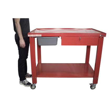 K Tool International 75109 48" x 32" Tear Down Table for Garages, Repair Shops and DIY, 31" Height, Raised Edges, Offset Drain, 3-Gallon Drain Pan, Lockable Storage Drawer, 4" Swivel Casters, Red