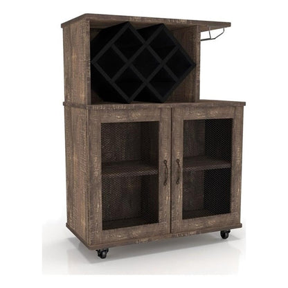 BOWERY HILL 4-Shelf Transitional Wood Mini Bar, Reclaimed Oak Finish, MDF and Particle Board, 15.7" W x 31.5" D x 41.3" H, Mobile Caster Wheels, Built-in Wine Bottle Slots, Glassware Rack, Adjustable
