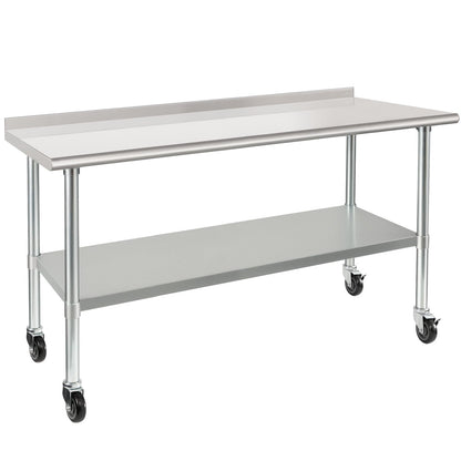 HARDURA Stainless Steel Table 24 x 60 Inches with Wheels Casters NSF Heavy Duty Commercial Prep Table with 2” Backsplash and Adjustable Undershelf for Restaurant Kitchen Home and Hotel