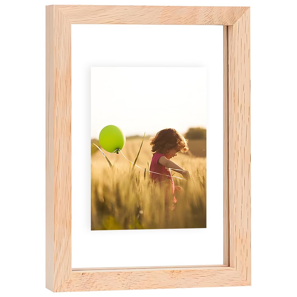 8x10 Floating Picture Frames Double Sided Tempered Glass Oak Wood Picture Frame Floating Display for Photos 6x8,5x7,4x6,or Full Display for 8"x10" Photos for Christmas,Halloween,Baby Scan,Anniversary,Wedding(Beige)