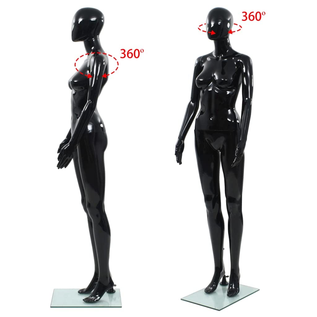 Full Body Female Mannequin, Glossy Black Retail Display Form for Clothing, Wigs, and Shoes, Adjustable Poseable Parts with Sturdy Glass Base, 68.9 Inch