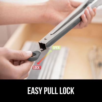GORILLA GRIP Stainless Steel Heat Resistant Kitchen Tongs for Cooking, 9 + 12 Inch, Set of 2 BBQ Tong, Non Scratch Silicone Tip for Pan, Strong Grip, Grab Food, Toss Salad, Air Fryer, Pull Lock, Black