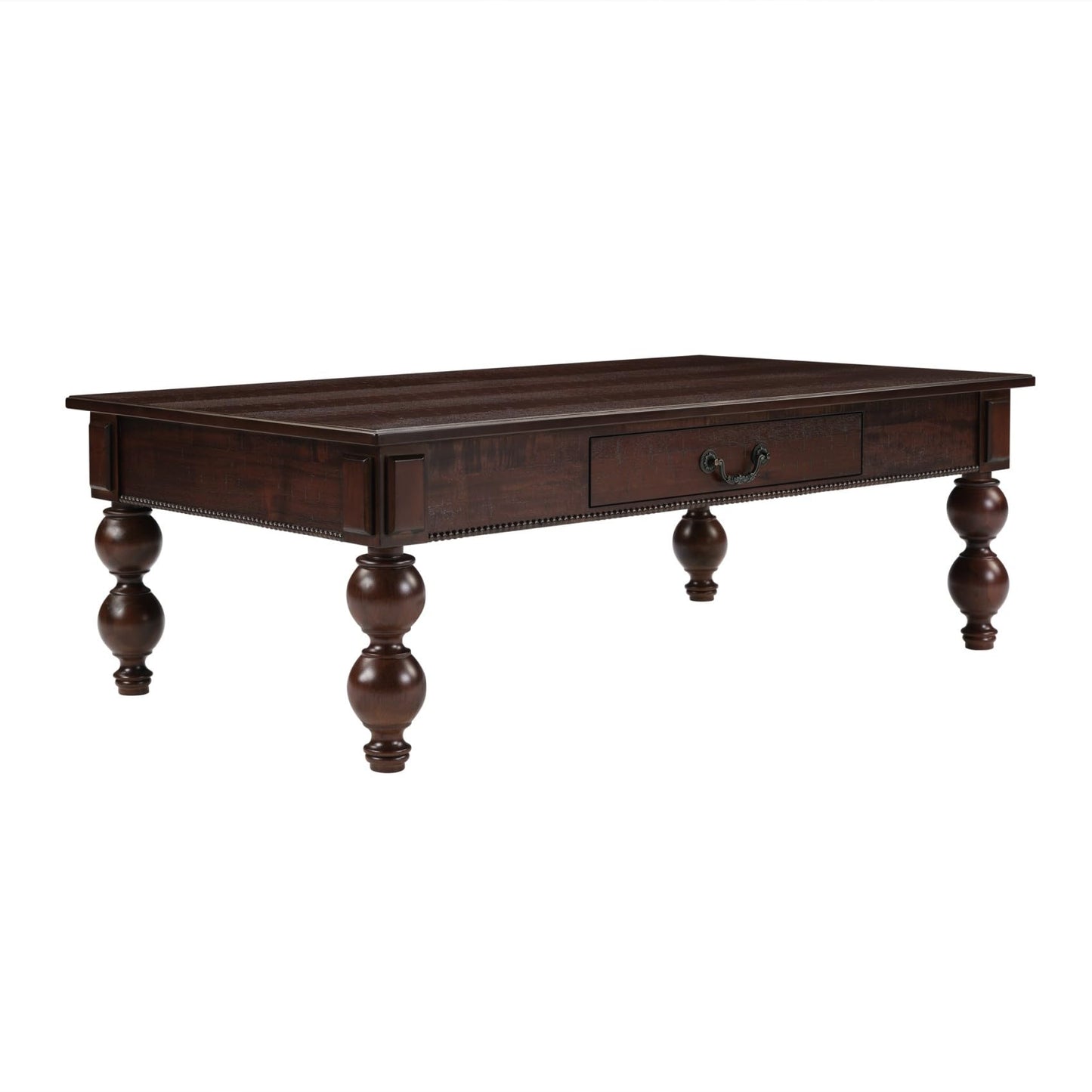 KEIKI 47''L Solid Wood Coffee Table with Storage Drawer, Rectangular Traditional Vintage Cocktail Center Table for Living Room, Rubber Wood Gourd-Shaped Legs, Acacia Wood Veneer, Espresso