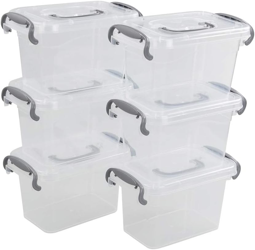 1.5 L Tiny Plastic Bins with Gray Handle, Mini Storage Box Organizer, 6-Pack