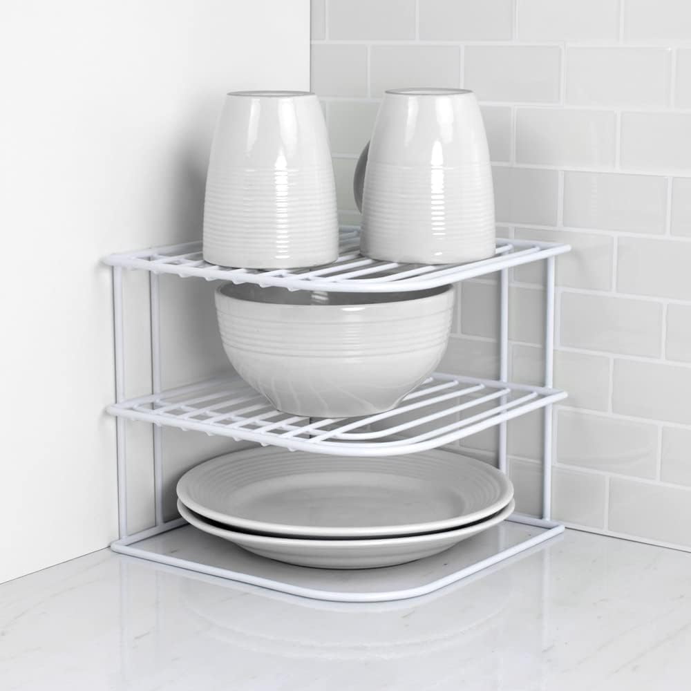 3-Tier Counter Home Basics Kitchen Corner Shelf and Cabinet Organizer Heavy Duty Wire Shelf in White