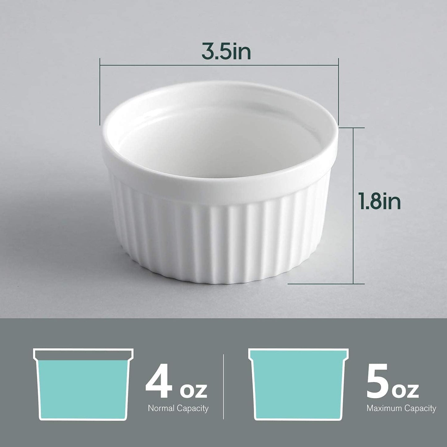Porcelain Ramekins 4 oz Oven Safe, Small Souffle Dishes for Baking, Set of 6 Ceramic White Mini Bowls