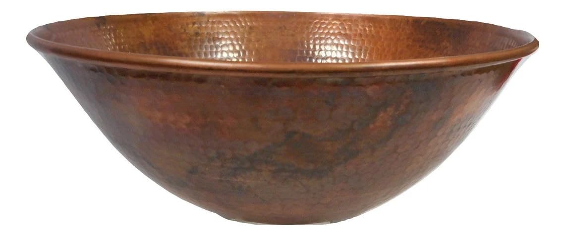 Simply Copper 14" Round Copper Vessel Countertop Sink in Natural Patina with Daisy Drain and 13" ORB Clayborne Vessel Filler Faucet