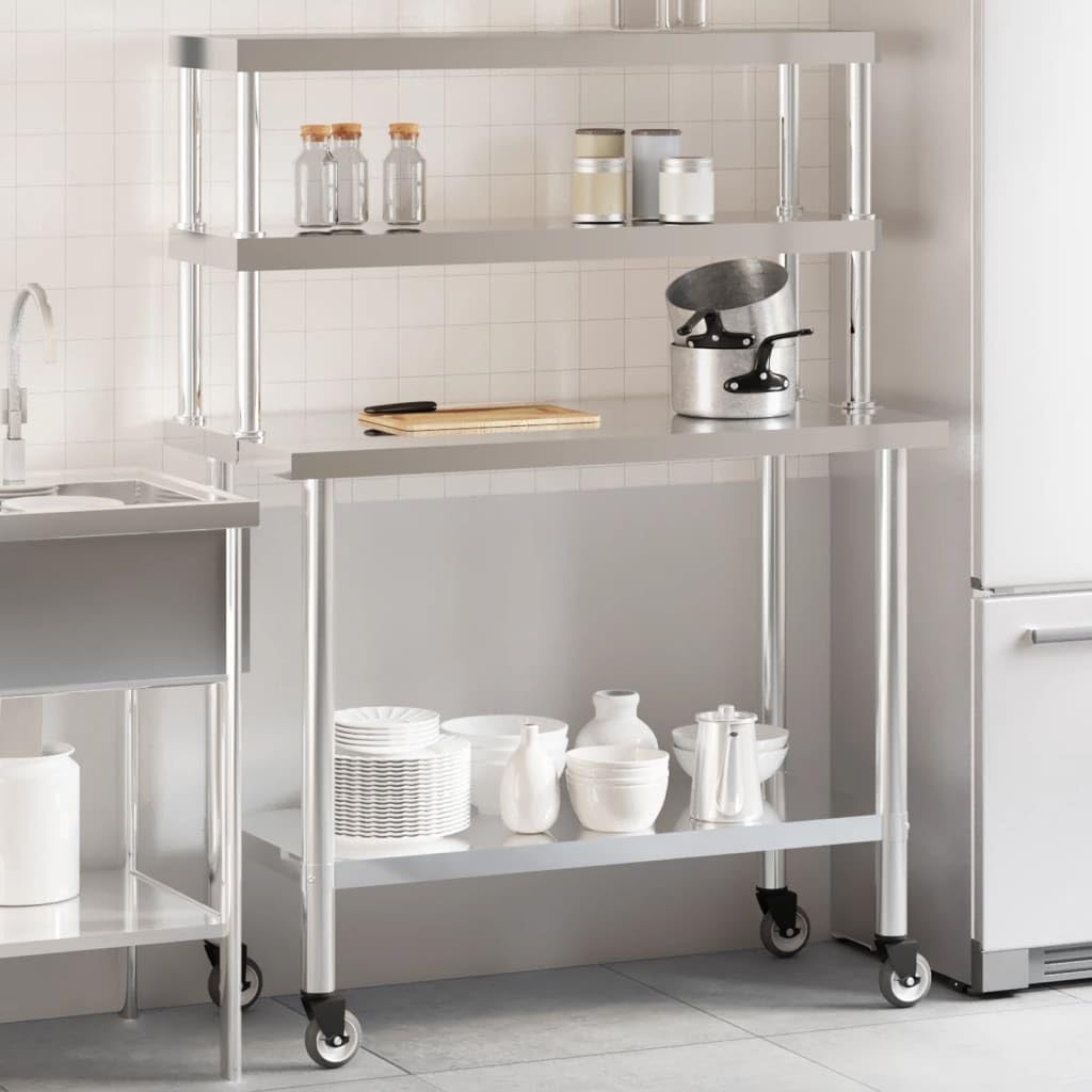 Stainless Steel Kitchen Prep Work Table with Overshelf, Rolling Food Preparation Station with 2-Tier Storage Shelf, Mobile Commercial Utility Cart for Restaurant Catering 43.3x21.7x59.1 Inches