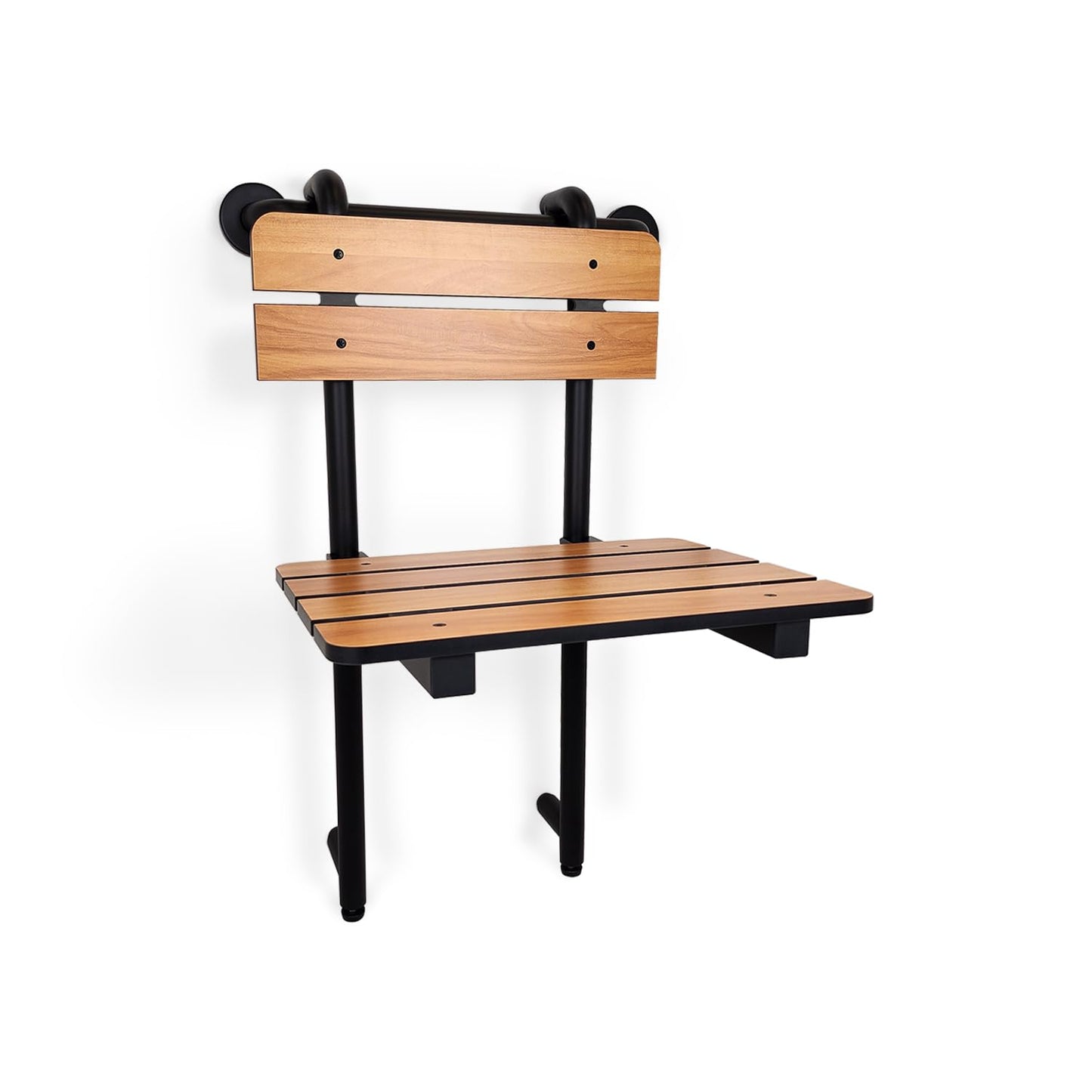Seachrome Profile Folding Shower Seat with 18 inch Grab Bar, Removable Hanging Bench with Backrest & Legs, Teak Phenolic Seat, Black Semi-Gloss Grab Bar