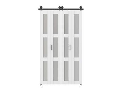 48 in. x 84 in. 3 Lite Pre Assembled Frosted Glass White MDF Double Bi-Fold Barn Doors with Hardware Kit and Door Handle