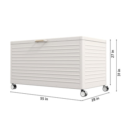 MIRADOR 175 Gallon Outdoor Storage Box with Wheels & Soft-Close Lid, Waterproof Metal Deck Box for Patio Cushions, Garden Tools & Pool Accessories, Latte