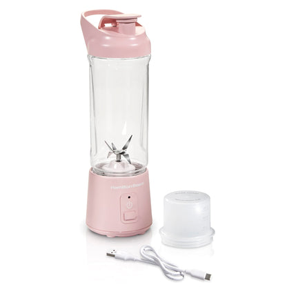 Hamilton Beach Mini Cordless Portable Personal Blender for Shakes and Smoothies, USB Rechargeable, 16 oz. Jar with Leakproof Travel Lid, 6 Stainless Steel Blades, Pink (51181)