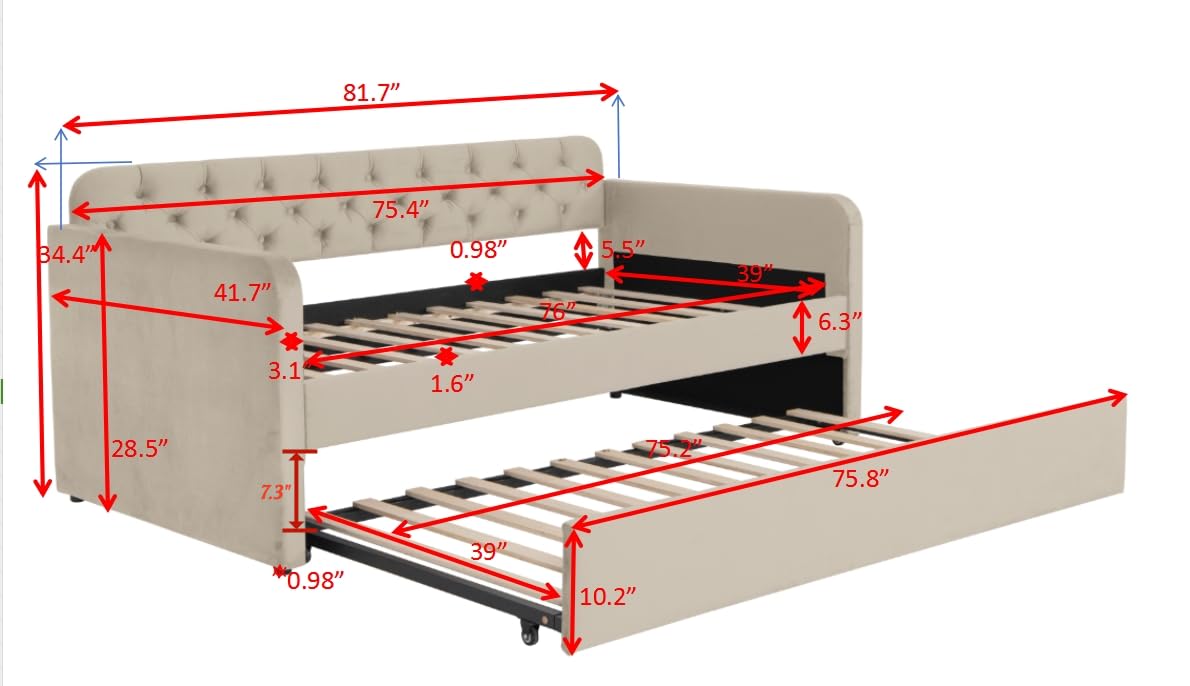 KEIKI Twin Upholstered Daybed with Trundle & USB Charging, Plush Velvet Button-Tufted Headboard Twin Bed Frame with Wood Slats, Sofa Bed for Living Room or Bedroom, Light Beige