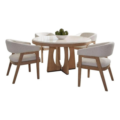 Pemberly Row Contemporary Dining Set, 54" Round Table, Oak Veneer, Stone Top, Natural Finish, Includes 4 Barrel Chairs, Neutral Upholstery, Modern Style, Perfect for Kitchen or Dining Room Spaces