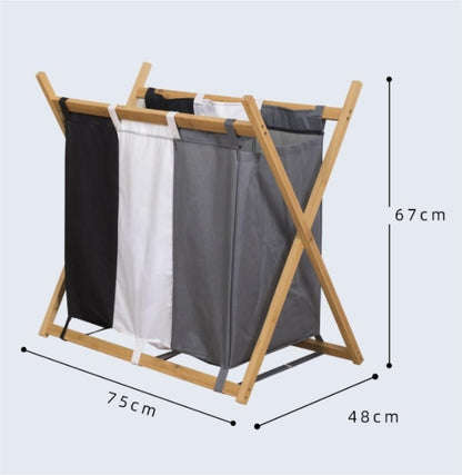 PXIWDAN Laundry Basket Bamboo Laundry Hamper 3 Section Felt Compartment Sorter Bag Basket Removable Clothes Wooden Clothes Hamper