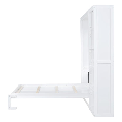 GDFStudio Veatch Wooden Frame Queen Size Bed, Queen Size Murphy Bed with Shelves, Folding Wall Beds with 5 Storage Cabinets, Space Saving, Folded into Cabinet for Guest Room Living Bedroom, White