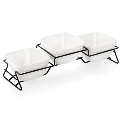 ZENFUN 10 oz Square Bowl Chip & Dip Serving Set, Pocelain Ramekin Bowls with Metal Rack Stand, White Small Serving Dishes, Condiment Serving Tray for Entertaining, Party, Buffets, Christmas