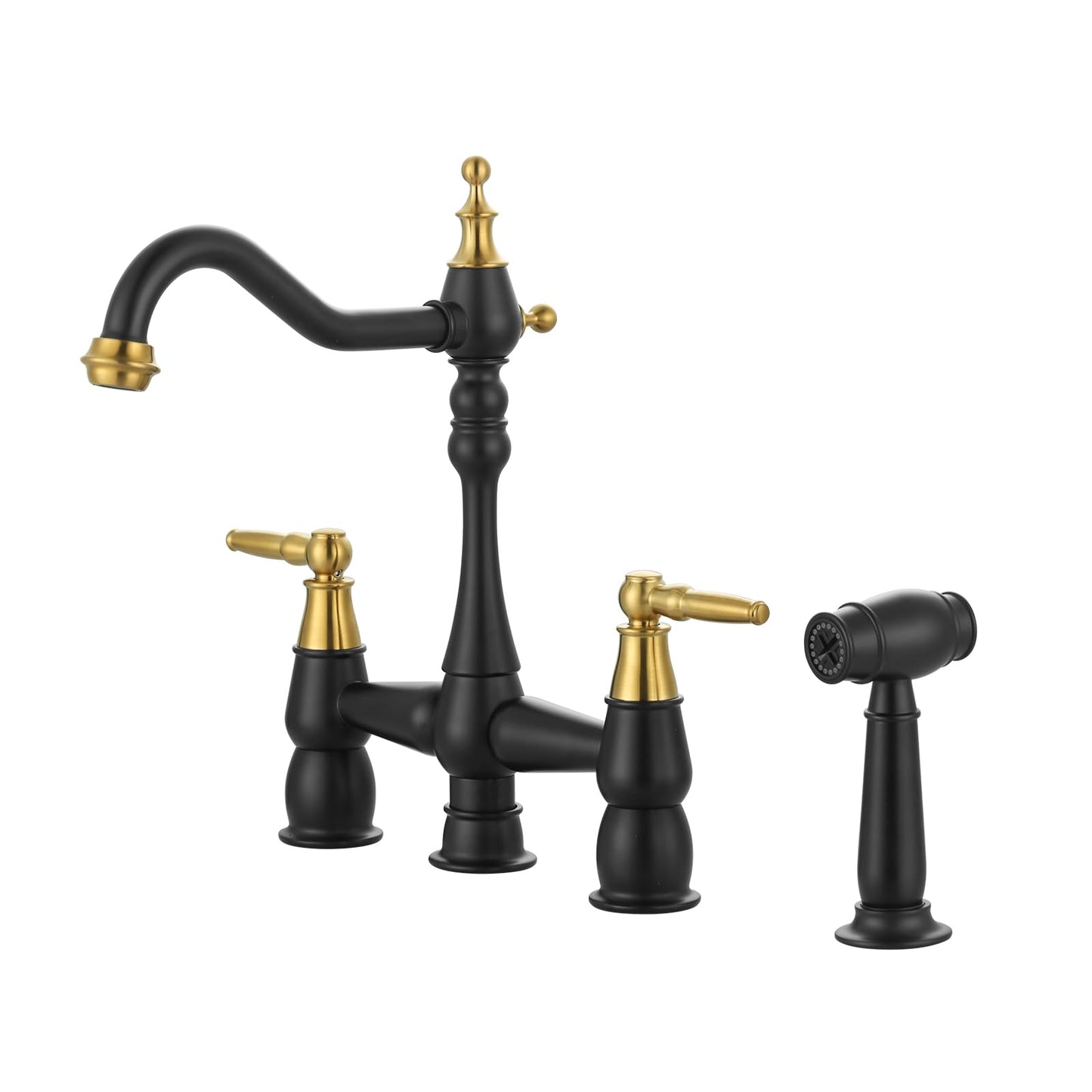 Kitchen Faucet Bridge with Side Sprayer, 4 Hole Brass Kitchen Faucet with 360° Swivel Tap, 2 Handle 8 Inch Vintage Faucet for Kitchen Sinks, Black Gold