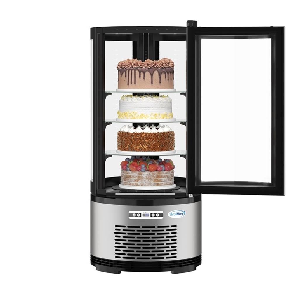 KoolMore Circular Refrigerated Bakery Display Case, 19 in, Silver Finish, 2 Sliding Glass Doors, Adjustable Temperature 33°F-53°F, 5.3 Cu. Ft., Countertop Merchandiser, 2 Shelves for Pastries,