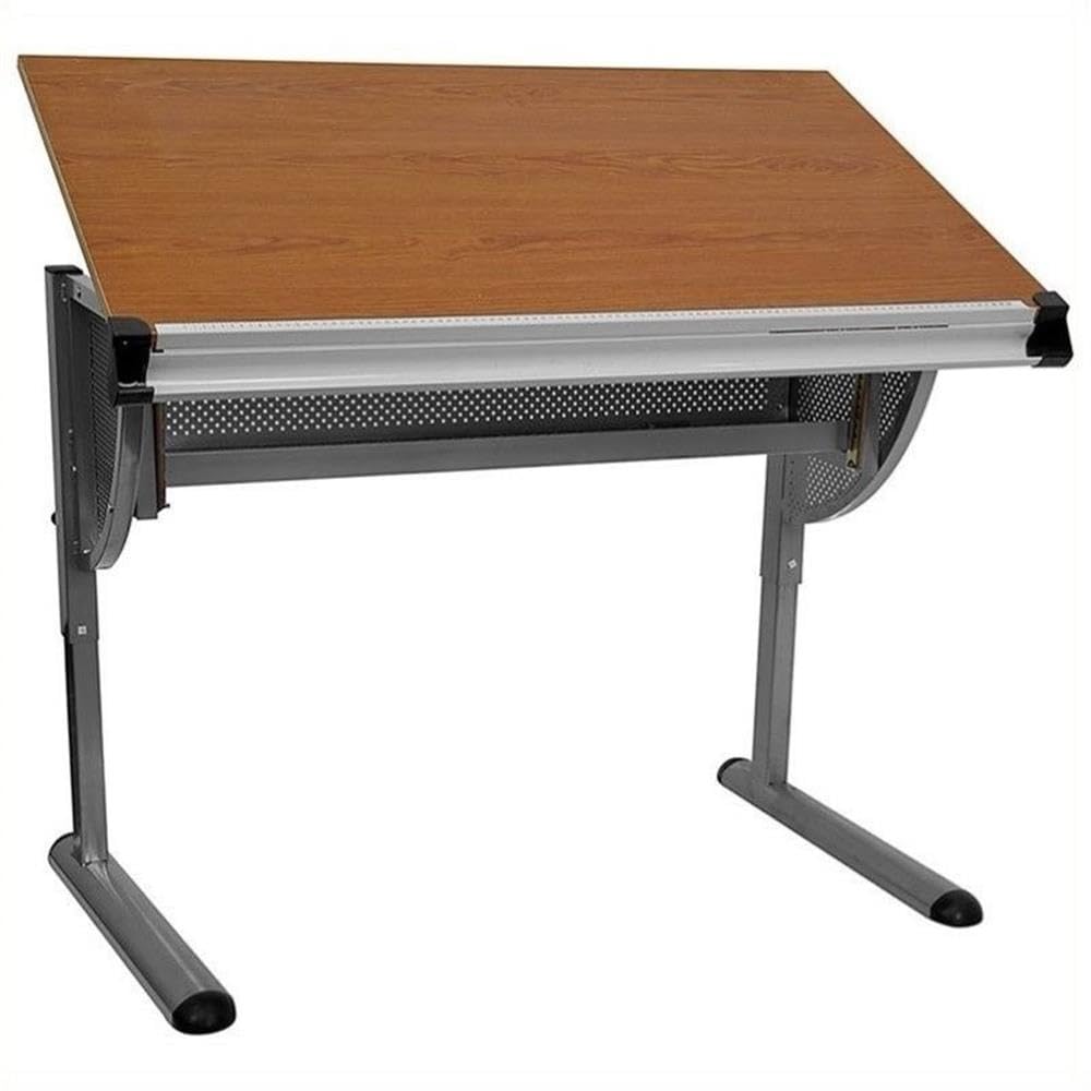 BOWERY HILL Adjustable Drawing and Drafting Table, 34.25-47.75 in H x 45.25 in W x 28.25 in D, Pewter Frame, Melamine Laminate Work Surface, Locking Adjustable Angle, Ruler and Tray for Art or Plans