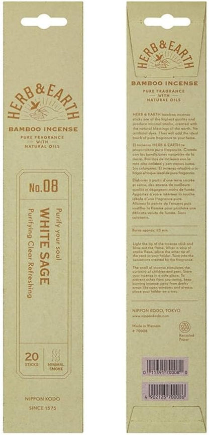 20 1575 HERB & EARTH H&E Bamboo Incense - White SAGE - Sticks by Nippon KODO, Japanese Quality Incense Since
