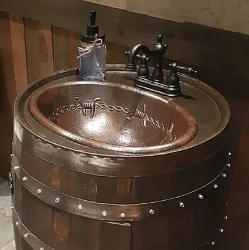 SimplyCopper 16" Oval Rustic Copper Bathroom Sink with Barbed Wire Design