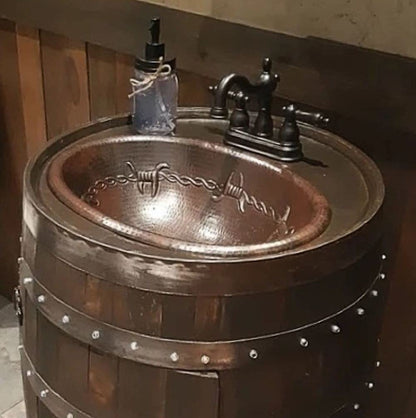 SimplyCopper 16" Oval Rustic Copper Bathroom Sink with Barbed Wire Design