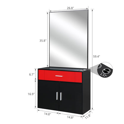 Red Salon Cabinet with Mirror, Professional Hair Styling Station for Home, Makeup Vanity Table Salon Furniture Barber Cabinet Storage Organizer Beauty Salons Equipment