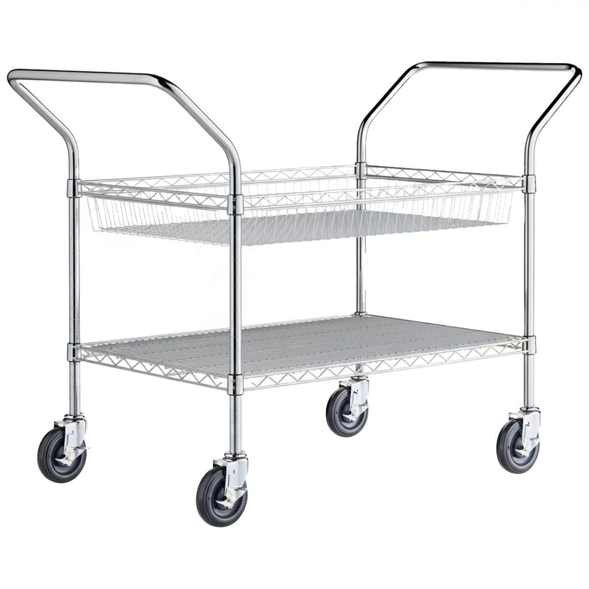 24" x 58" x 36" Commercial NSF Chrome One Shelf and One Basket Utility Cart - Heavy Duty Wire Rolling Metal Cart with Handles, Mobile Storage Cart for Warehouse, Office, Retail, Kitchen Use