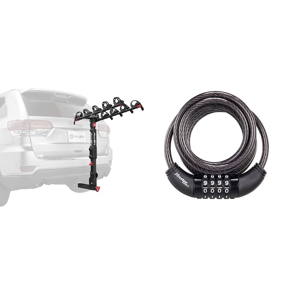 Allen Sports Premier Locking Quick Release 5-Bike Carrier for 2 in. Hitch, QR555 & Master Lock Bike Lock Cable, Set Your Own Combination Bicycle Lock, Black