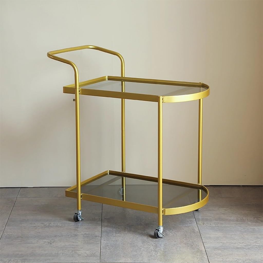 FGQuelleBM Restaurant 2-Tier Dining Cart with Handles, Hotel Mobile Serving Cart with Brake Wheels & Glass Top for Cakes & Drinks(Gold)